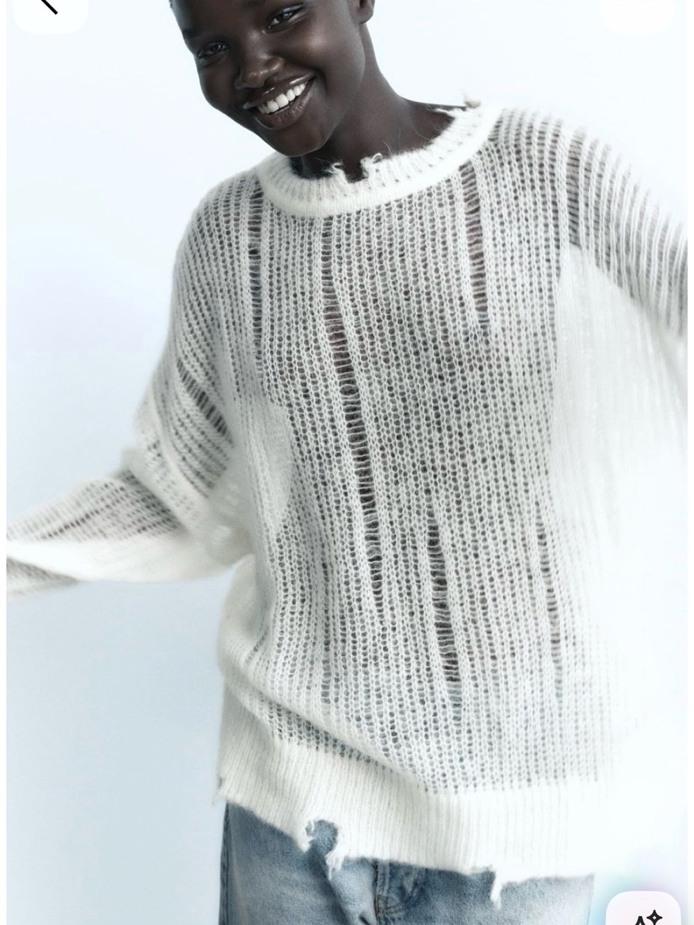 ZARA Alpaca Wool Blend Distressed Open Knit Sweater Ivory Size S NWT - Picture 2 of 5